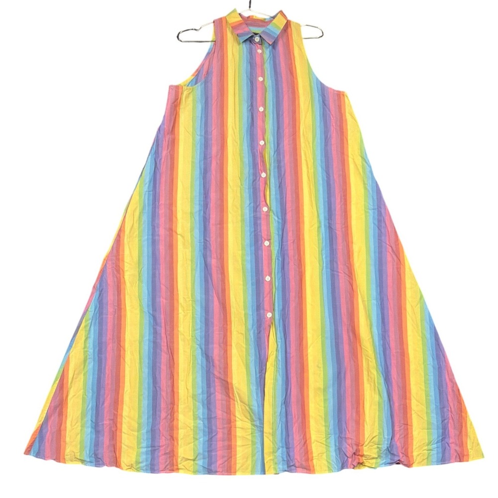 MDS Stripes Dress Womens 10 Rainbow Sleeveless Button Front Maxi Cotton Pockets